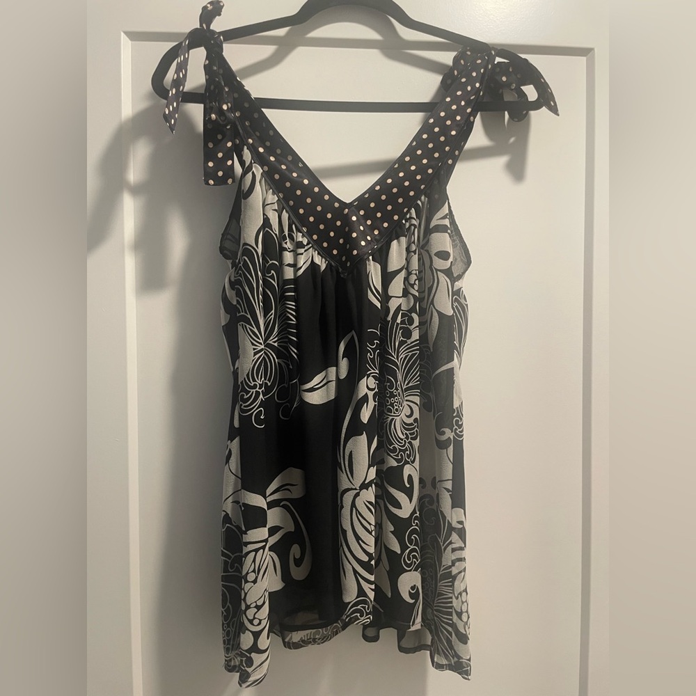 bebe Black and White in Floral Blouse with Polka Dot Trim